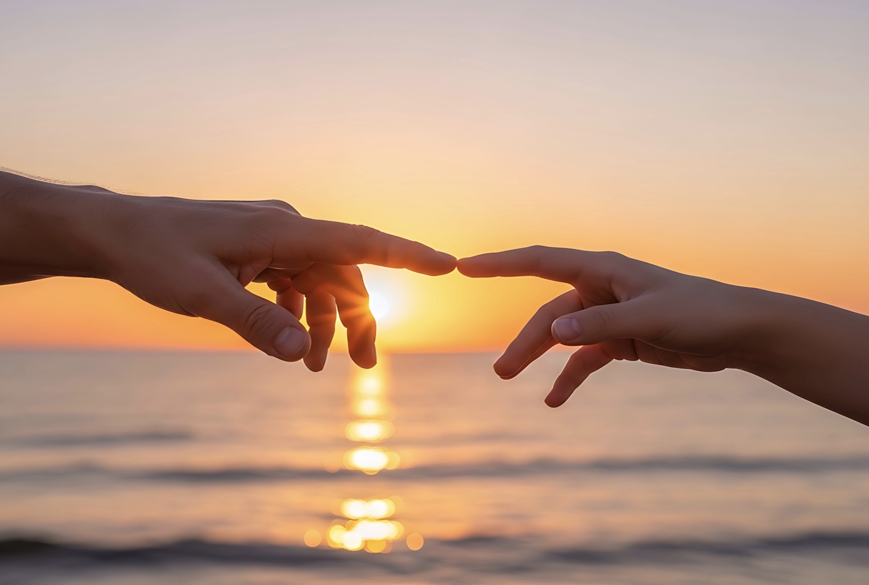 Dos manos acercándose al atardecer como símbolo de conexión emocional